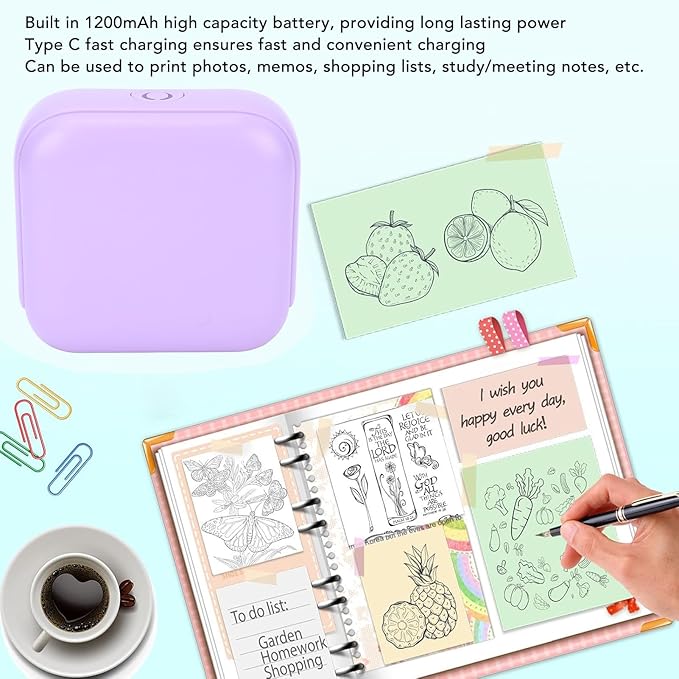 WALFRONT Thermal Label Printer Portable Inkless Label Printer for Home School Office, 203 DPI High Resolution Compact Design 1200mAh Battery (Violet)