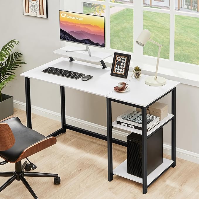GreenForest Computer Desk with Monitor Stand,47 inch Home Office Desk with Reversible Storage Shelves,Modern Writing Desk Study PC Laptop Work Table,White