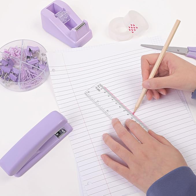 Office Accessories, 10Pcs, 360-Degree Rotating Pen Holder, Office Supplies Include Stapler, Tape, Tape Holder, Scissors, Ruler, Staple Remover, 1 Box of Staples, Paper Clips Kit for Office School