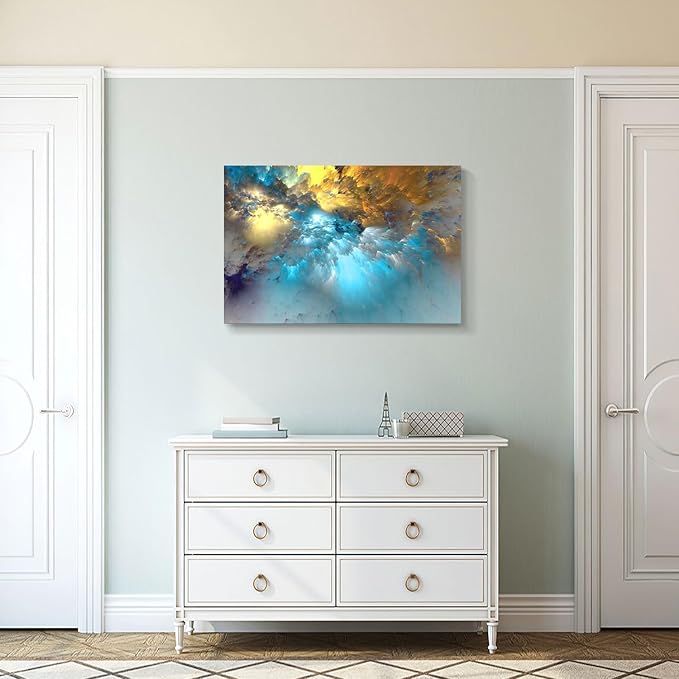 Golden Canvas Wall Art Blue Modern Abstract Painting Prints Colorful Smoke Billowing on White Background Framed Energetic Artwork Pictures for Living Room Bedroom Hallway Wall Decoration 36x24in