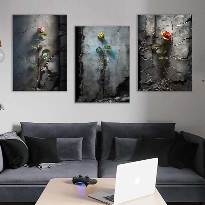 Floral Poster Wall Art Home Decor 3 Pieces Roses Growing in The Cracked Retro Wall Picture Print on Canvas Vintage Theme Painting Artwork for Living Room Office Gallery Ready to Hang [60''W x 28''H]