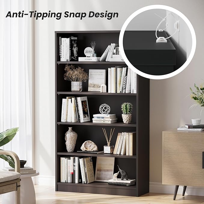 Bookcase Adjustable Storage Shelves,5-Tier Modern Wood Bookcase for Bedroom,60-Inch Bookshelf, Office, Living Room & Library(Black)