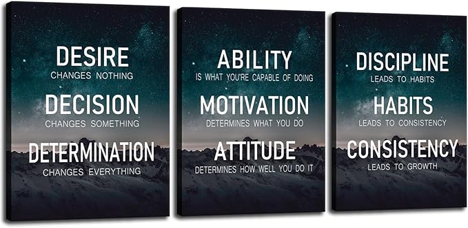 Inspirational Wall Art “The Elements of Success:Discipline-Habits-Consistency-Attitude -Determination” Positive Quotes Set of 3 Motivational Posters for Home Gym Bedroom Living Room [36''Wx 16''H]