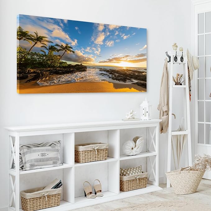 DZL Art S75498 Large Beach wall art Secret Beach at sunset, Maui, Hawaii Canvas Wall Art For Living Room Decoration Nature Picture Canvas Prints Painting for for Office Wall Decor Home Decorations