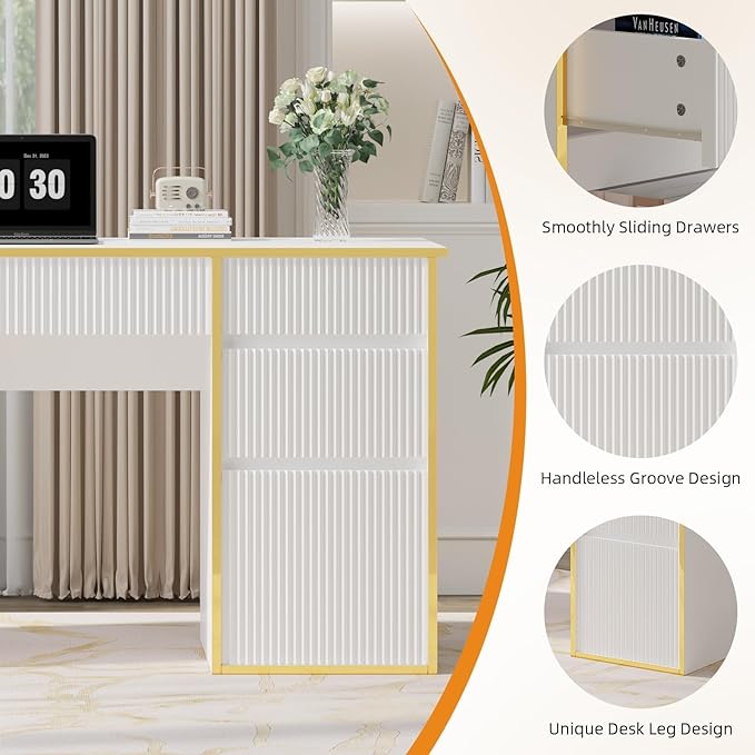 White Computer Desk with Drawers, 58 Inch Home Office Desk with 7 Drawers for Bedroom, Executive Desk with File Drawers for Small Spaces, White and Gold