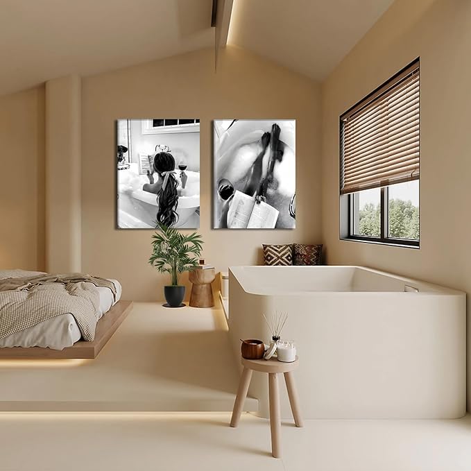 Framed 2pcs Black and White Trendy Bathroom Wall Art Girl in Bathtub Poster Aesthetic Picture Canvas Prints for Fashion Girl Bathroom Décor Minimalist Painting 16x24Inch
