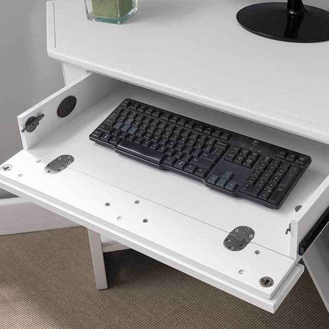 Leick Home Sage Corner Office Desk, Solid Wood, with Drop Front Keyboard Drawer, White, 85430