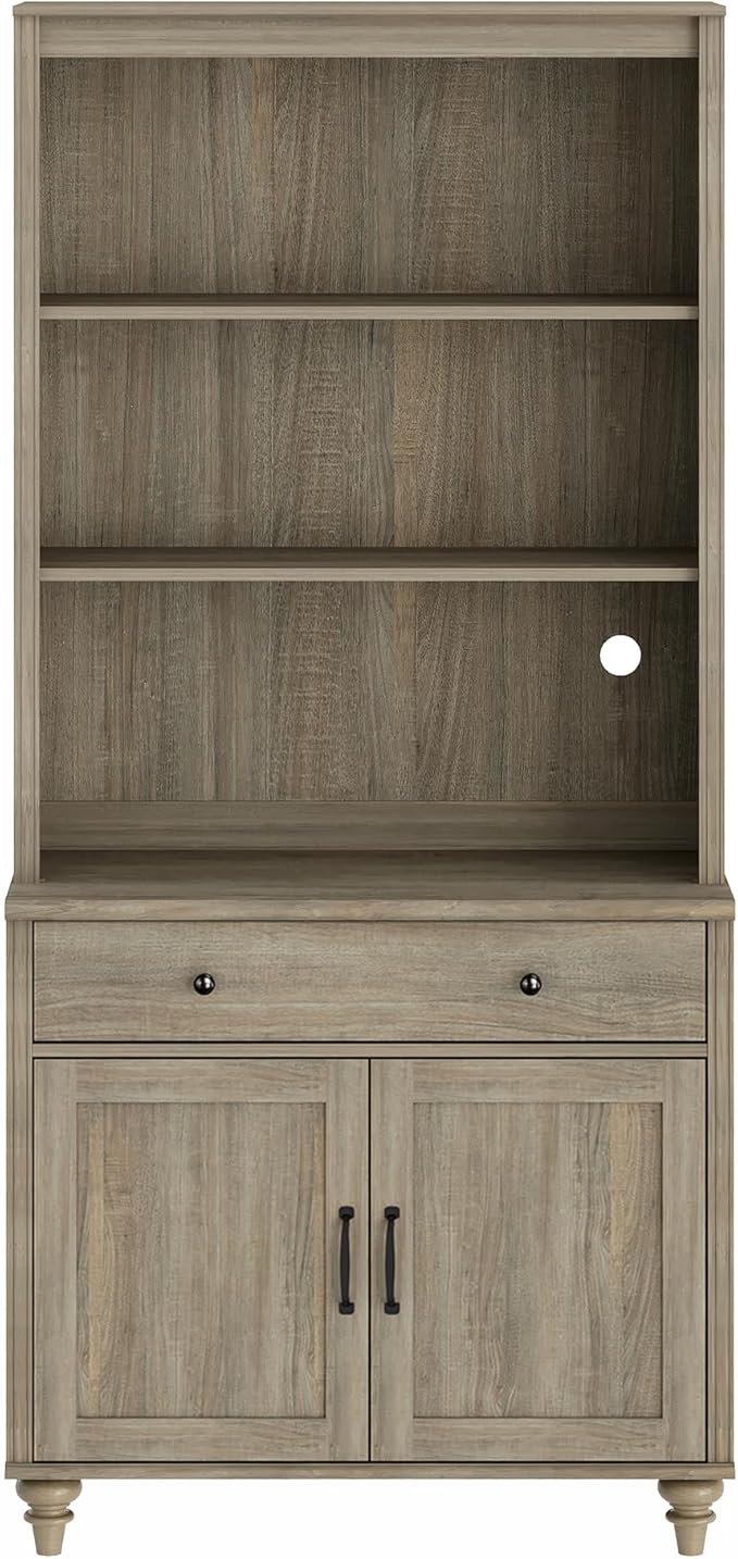 WAMPAT 5 Tier Bookshelf 72" Tall Bookcase with Doors & Drawer,Large Farmhouse Display Book Shelf with Storage Cabinet，Library Wood Bookshelves for Living Room,Kitchen, Wash Grey