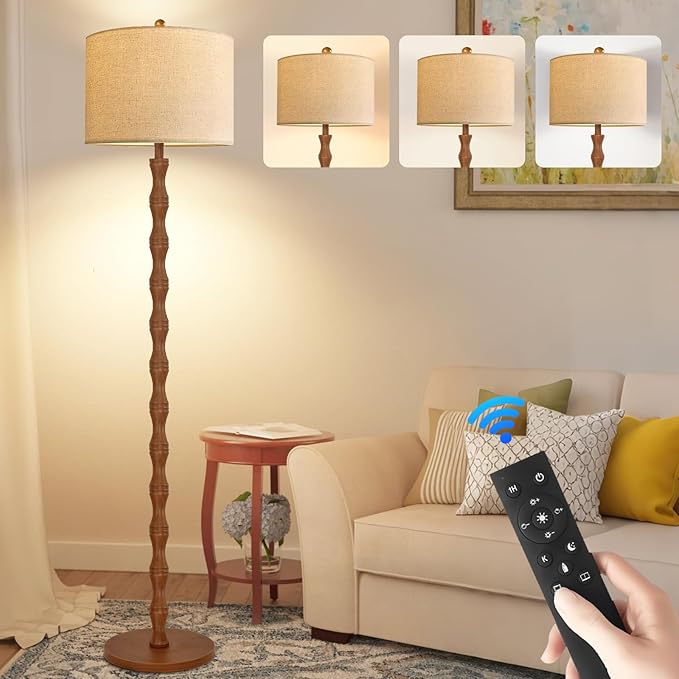 Wood Floor Lamp for Living Room,Bedroom,Vintage Farmhouse Mid Century Standing Lamp with Remote,Dimmable Rustic Industrial Tall Lamp Retro Floor Light Boho Bohemian