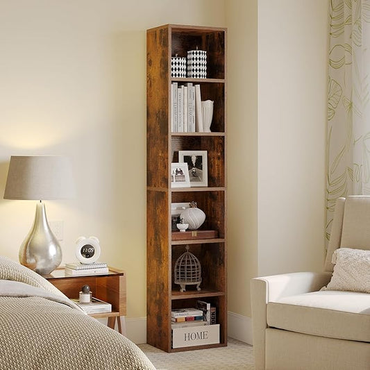 MXV Narrow Bookshelf, 6-Tier Open Bookcase, Coner Shelf, Storage Shelves, Display Storage Shelves, Floor Standing Unit, Home Decor, Furniture for Home Office, Living Room, Bedroom, Brown