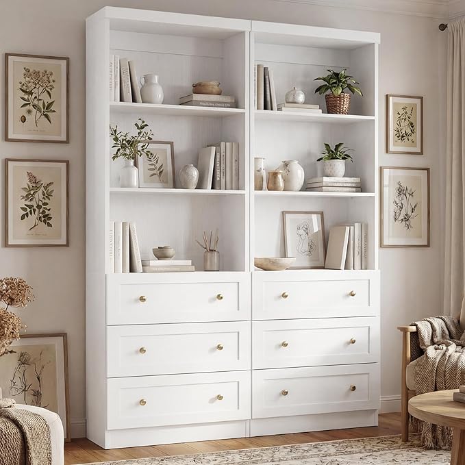 Cyclysio 80" Bookshelf with 3 Drawers, Tall Bookcase with Thickened Top Panel and 3-Tier Open Shelves, Tall Storage Cabinet for Home Office, Living Room, White, Set of 2