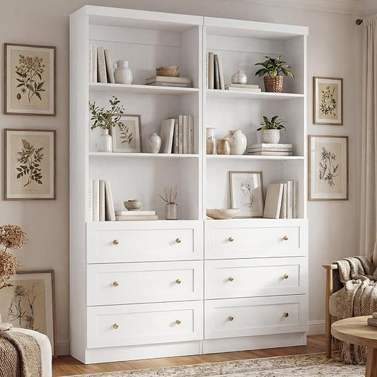 Cyclysio 80" Bookshelf with 3 Drawers, Tall Bookcase with Thickened Top Panel and 3-Tier Open Shelves, Tall Storage Cabinet for Home Office, Living Room, White, Set of 2