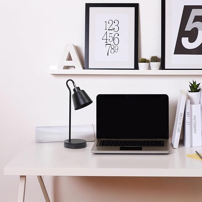 Simple Designs LD1079-BLK 16" Sleek Essentials Metal Looped Desk Task Lamp with Adjustable Shade, for Office, Desk, Nightstand, Dorm, Black