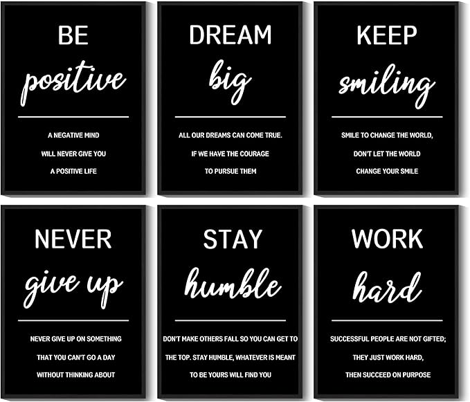 KUVIOKE Inspirational Framed Wall Art Motivational Quotes Wall Decor Encouraging Office Posters Sayings for Classroom Bedroom Living Room Ready to Hang Set of 6, 11x14in (Black Framed)