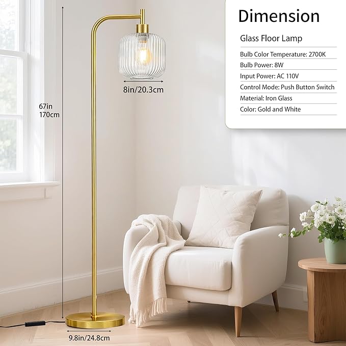 MAYNA Mid Century Modern Floor Lamp, Clear Ribbed Glass Standing Lamp with Built-in Timer Switch, Gold Tall Vintage Lamps for Living Room Bedroom, 2700K LED Bulb Included