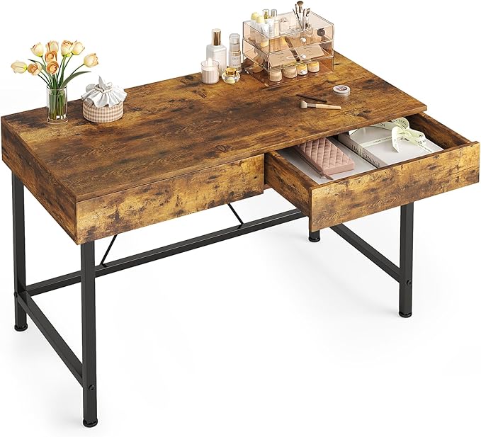 VERMESS 40 Inch Solid Wood Desk with Drawers, Small Computer Desk for Small Space,Modern Makeup Vanity Desks No Mirror, Writing/Study/Work Table for Home Office, Kids Desks for Bedroom, Rustic Brown
