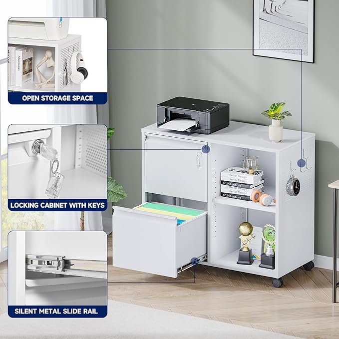 Yizosh 2-Drawer Metal File Cabinet with Lock, Mobile Lateral Filing Cabinet, Printer Stand with Adjustable Storage Shelves for Home Office (White)