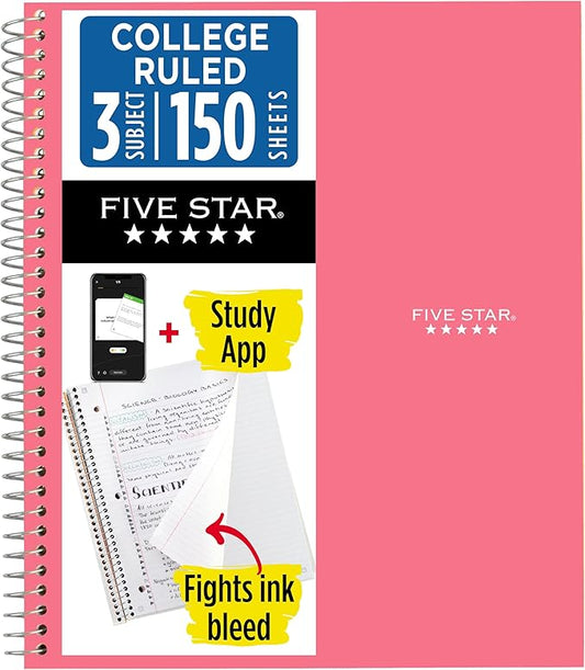 Five Star Spiral Notebook + Study App, 3 Subject, College Ruled Paper, 8-1/2" x 11", 150 Sheets, Fights Ink Bleed, Water Resistant Cover, Prom Pink (820003R)