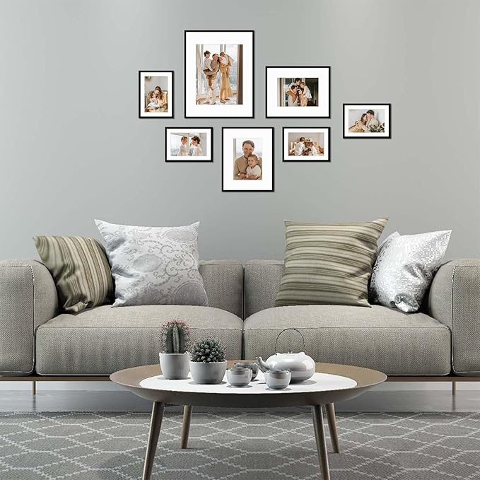 Golden State Art, Aluminum Gallery Wall Frame Set of 7 - Includes One 11x14, Two 8x10, and Four 5x7 - Metal Frames with Mat & Real Glass Cover for Elegant Home or Office Decor (Style 2, Black)