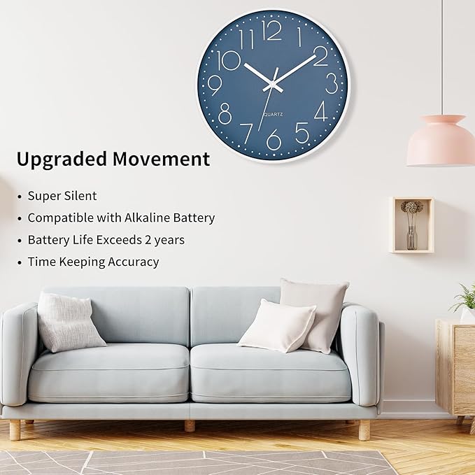 Foxtop 14 Inch Wall Clock Silent Non-Ticking Battery Operated Round Quartz Modern Wall Clock Decorative for Living Room Bedroom Kitchen Home Office (Cerulean)