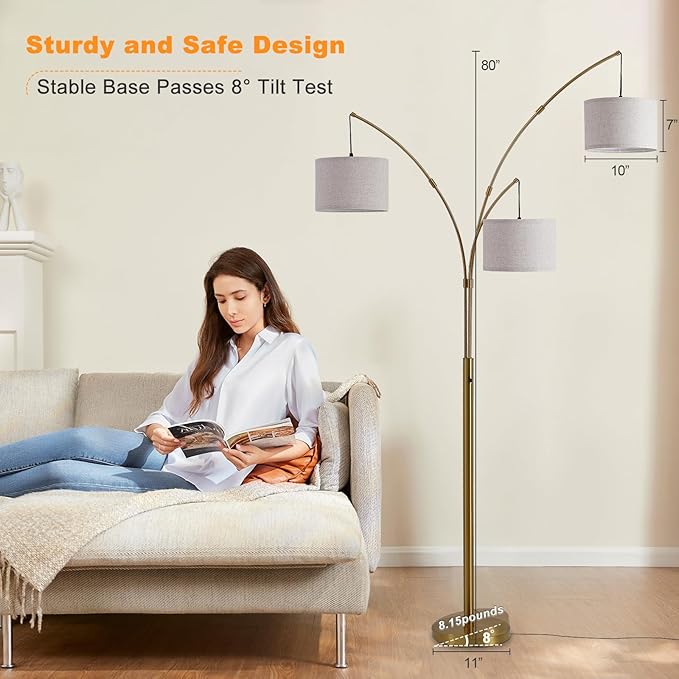 Gold Floor Lamps for Living Room, Super Bright Arc Floor Lamp with Remote Control, 3 Light Tall Floor Lamps with Stepless Dimmable, 80" Mid Century Tree Floor Lamp for Bedroom, Office