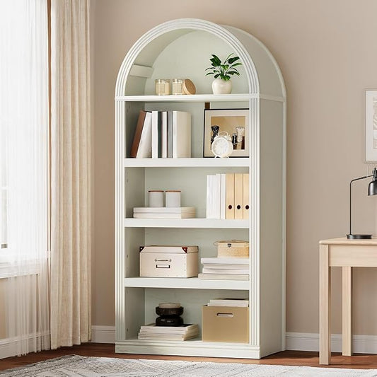 YITAHOME Vintage 68.5" Tall Arched Bookshelf, Tall Bookcase 5 Tiers Arched Bookcase with Storage, White Bookshelf Display Storage Rack with Adjustable Shelves for Living Room, Office, Antique White