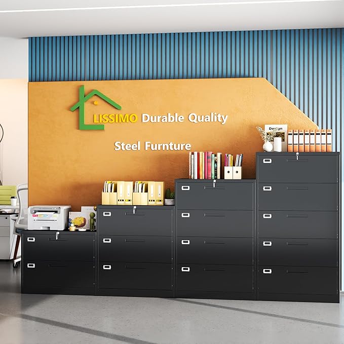 5 Drawer File Cabinet, Black Metal Lateral File Cabinet with Lock, Office Filing Cabinet for Legal/Letter/A4/F4 Size with Hanging Files, Lockable File Cabinets for Home Office