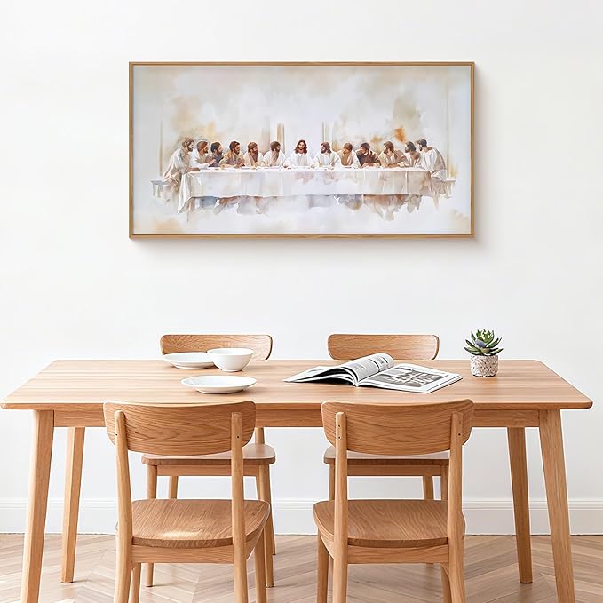 KAIRNE Jesus Last Supper Framed Canvas Wall Art Set, Christian Twelve Apostle Wall Decor, Bible Renaissance wall Painting, Religious Picture Art Print for Living Room, Bedroom, Church, Large 20"x40"