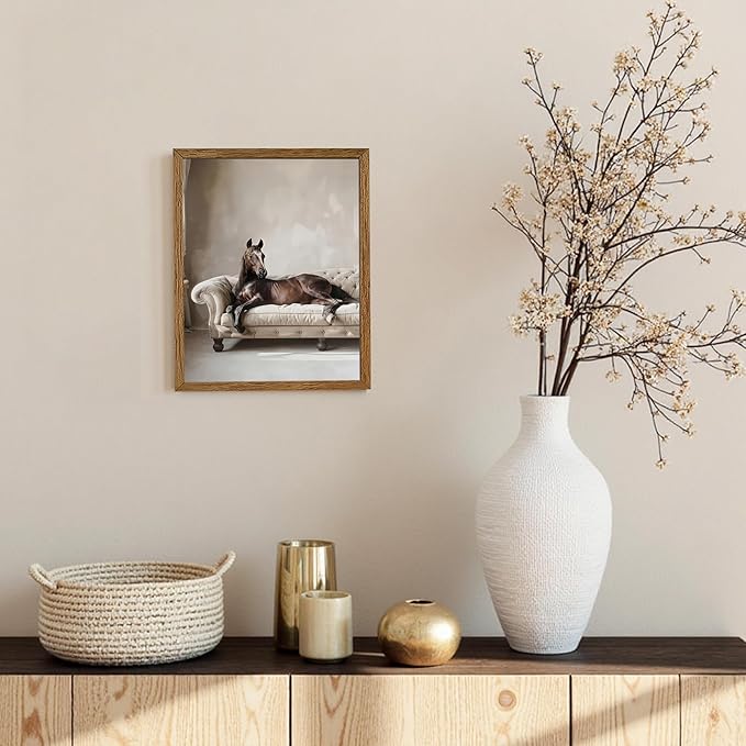 AVECCO Framed Funny Elegant Vintage Canvas Horse Wall Art, Western Brown Horse on Sofa Pictures Wall Decor, Unique Animal Art Prints for Bathroom Bedroom Living Room Office Home Decoration 8x10 Inch