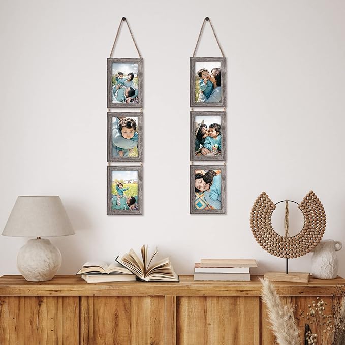 Lavezee 4x6 Collage Hanging Triple Picture Frames Set, Rustic 6 Opening Vertical Frame Made to Display 4 by 6 Inch Photo Postcard for Wall Decor