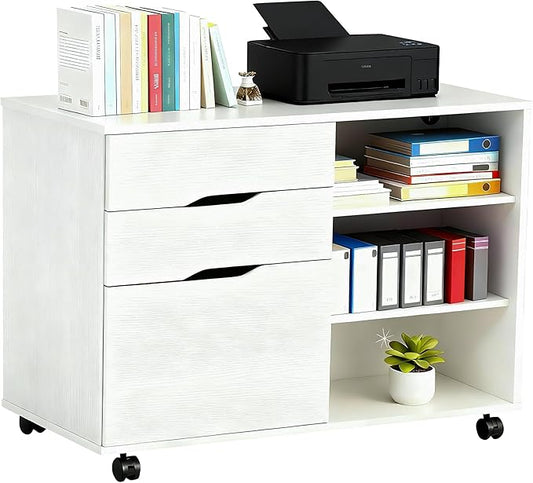 PayLessHere Lateral File Cabinet with 3 Drawers | Rolling Filing Cabinets Under Desk Storage with Wheels | Printer Stand Wood Organizer with Adjustable Shelf for Home Office Small Space, White