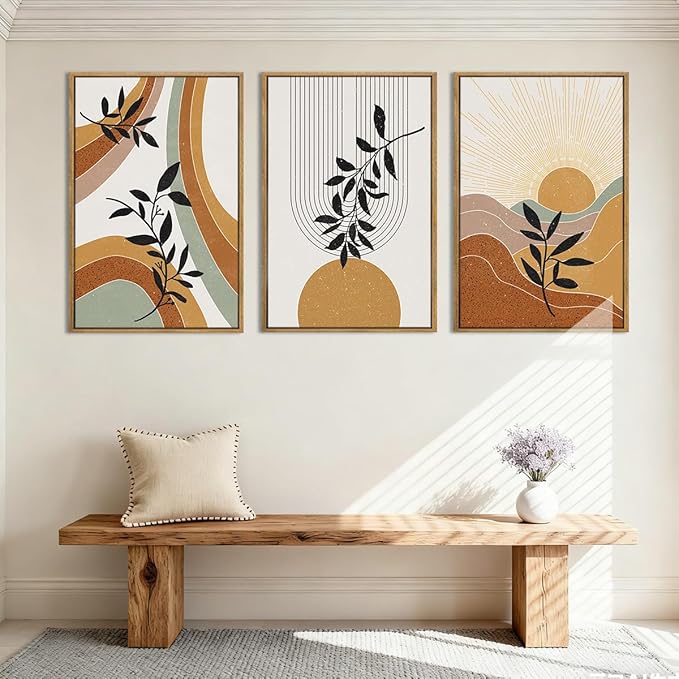BINCUE Large Boho Framed Wall Art Painting Mid Century Modern Decor Prints for Living Room Bedroom Bathroom 16x24 Inch 3 Pieces