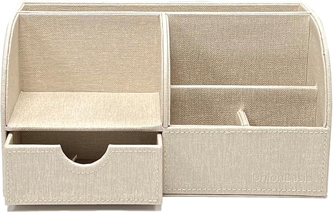 UnionBasic Desk Organizer - Multifunctional Leather Desktop Pen Holder Storage Box - Business Card/Pen/Pencil/Mobile Phone/Stationery Holder, Beige