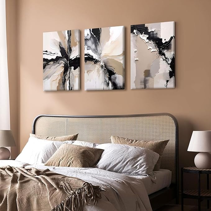 NCCXNCC 3 Pcs Abstract Canvas Wall Art in Black and Beige Modern Wall Decor Paintings Texture Posters Print Modern Geometric Pictures Artwork Suitable for Living Room Bedroom Home Office 16x24 inch