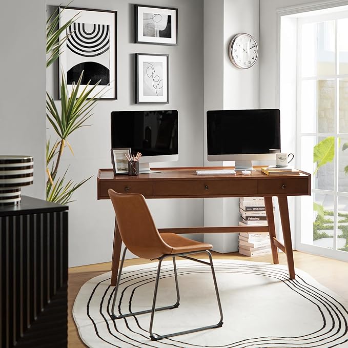 HULALA HOME Home Office Desk with 3 Drawers & Solid Wood Legs, Writing Table with Charging Station & Cable Management, Mid Century Modern Desk for Bedroom/Living Room/Study/Workstation, Acorn