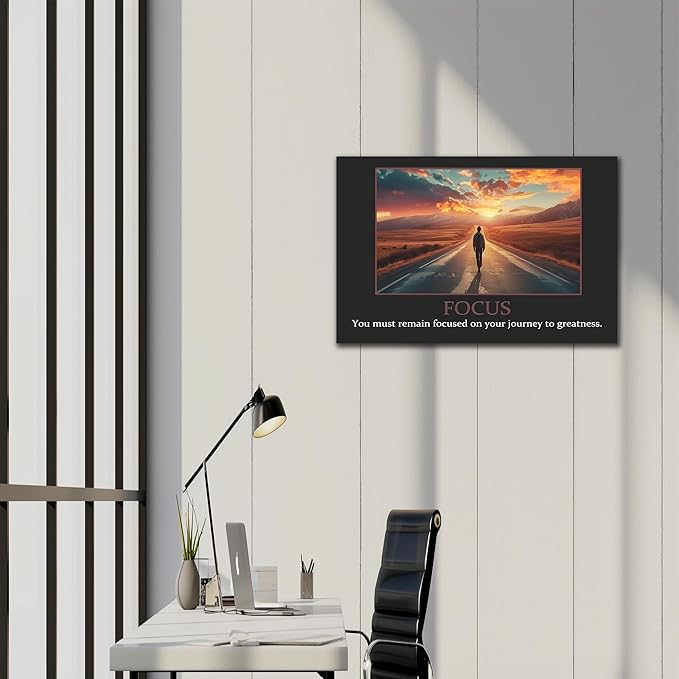 UZMKM - Inspirational Canvas Wall Art, FOCUS Mindset Quotes Man Walking in Road Picture Prints, Success Framed Company Poster, Positive Quotes Wall Painting for Home Office Workplace 24x36 Inch