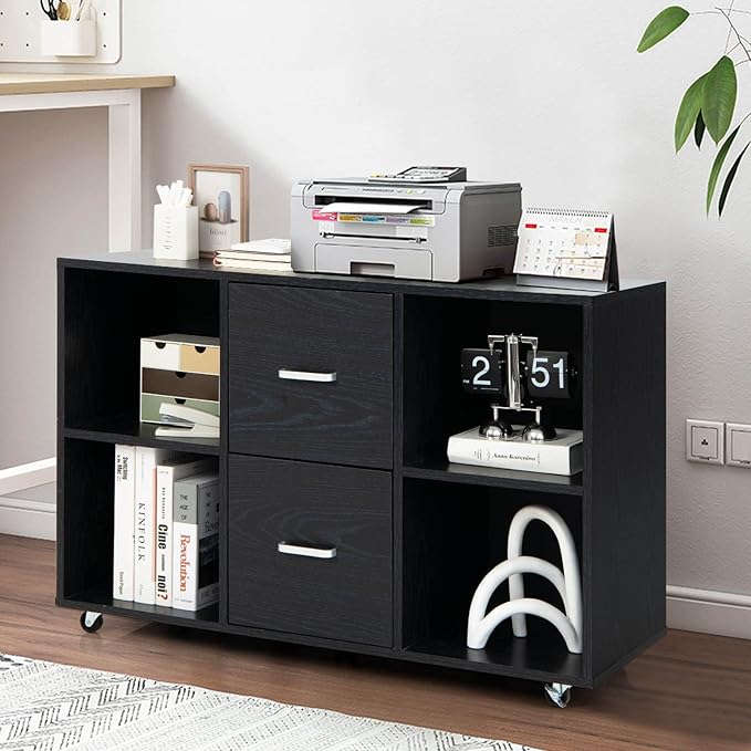 Giantex File Cabinet Office Organization - Filing Cabinet W/ 2 Drawers, 4 Open Compartments, Lateral Cabinet on 360° Swivel Lockable Wheels, Rolling Printer Scanner Stand for Home Office Storage