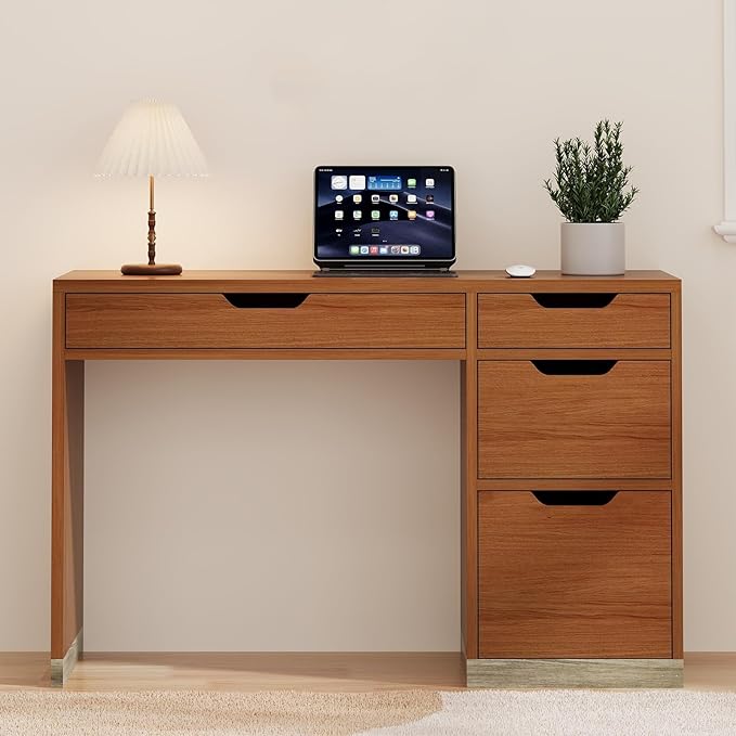 Small Computer Desk with Drawers, 48 Inch Home Office Desk with Storage for Bedroom, Wood Study Desk for Small Space, Writing, Brown