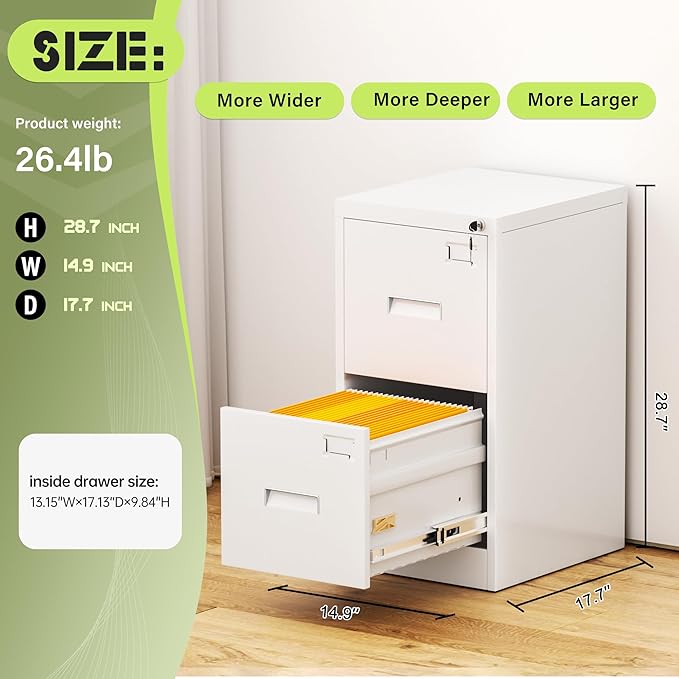 Incbruce 2 Drawer File Cabinet, Metal File Storage Cabinet with Lock, Vertical Filing Cabinet with Adjustable Hanging Frame for Home Office, Easy Assemble (White)