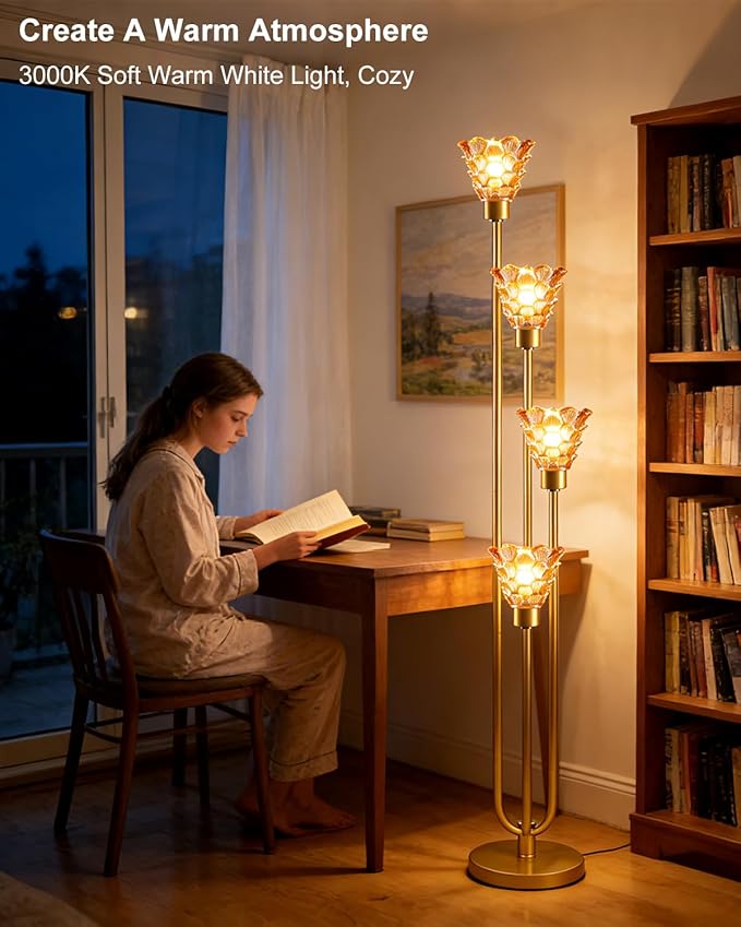Lightdot Amber Glass Floor Lamp Dimmable 4-Lights Gold with Glass Shade 3000K Bulbs Included Mid Century Modern Standing Tall Lamp for Living Room/Bedroom/Sofa Beside/Corner Decor