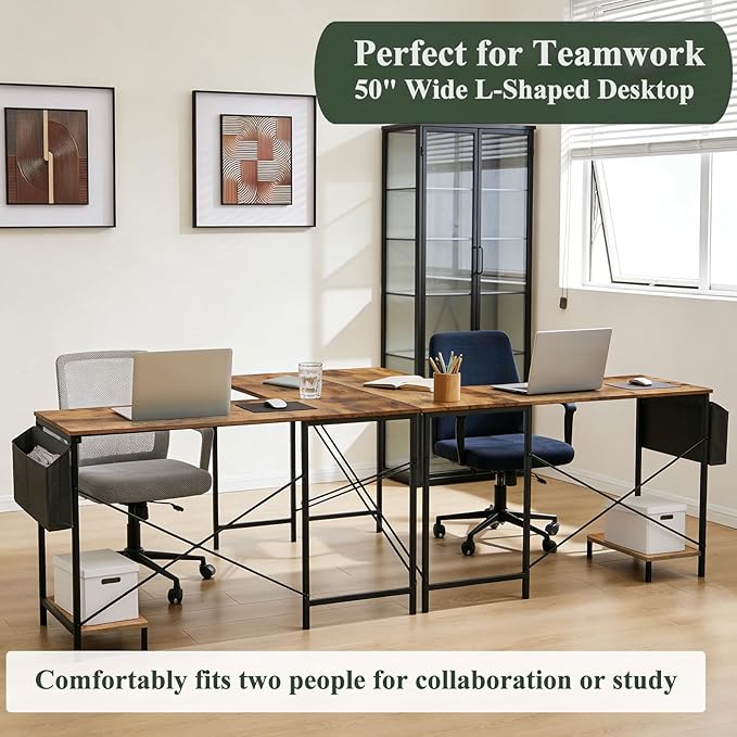 L-Shaped Corner Home Office Computer Desk, Gaming Desk with CPU Stand Shelf and Hanging Storage Pocket, Student Study Writing Table, Sturdy Metal Frame, 43.3" D x 50" W, Rustic Brown