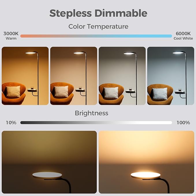 36W LED Floor Lamp with Table & Shelves, Minimalist Stepless Dimmable Torchiere with Dual Control (Remote & Touch), 350°Rotating Head Reading Floor Lamp for Living Room, Bedroom, Office
