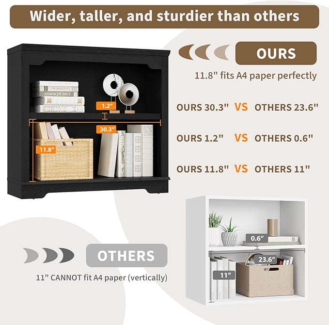 HIFYOBRO 2 Tier Bookshelf, 31.5" Wide Wooden Bookcase, 25.8" Tall Book Shelf, Freestanding Open Display Storage Bookshelves for Study Room, Home Office, Living Room (Black, 2-Shelf)