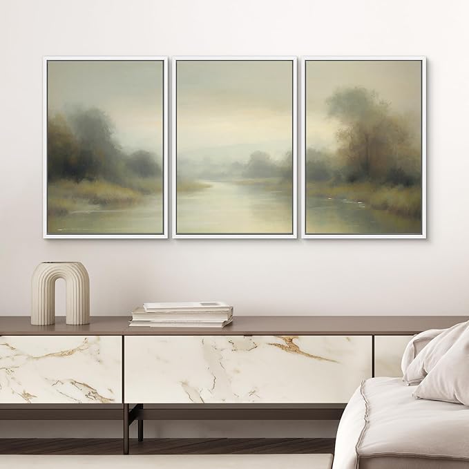 SIGNWIN Framed Wall Art Print Set Misty River Landscape Soft Neutral Nature Scene Photography Modern Art Closeup Relax/Calm Dark for Living Room, Bedroom, Office - 16"x24"x3 White