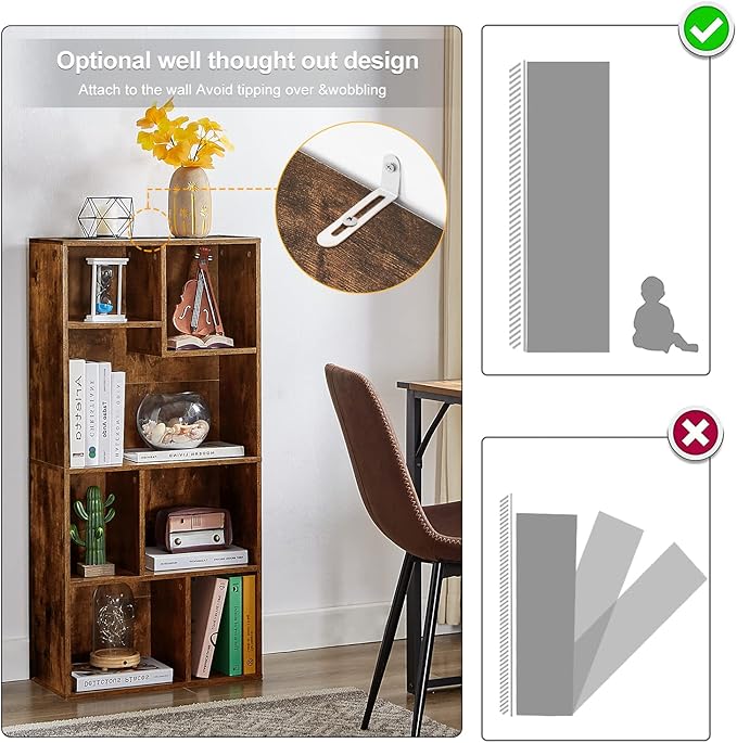 VECELO 4-Tier Modern Bookcase, 42 Inch High Storage Cabinet with Height Difference Shelves for Standard Textbooks, Floor Standing Display, 7 Cubes, Horizontal Avaiable, Easy Assembly, Rustic Brown