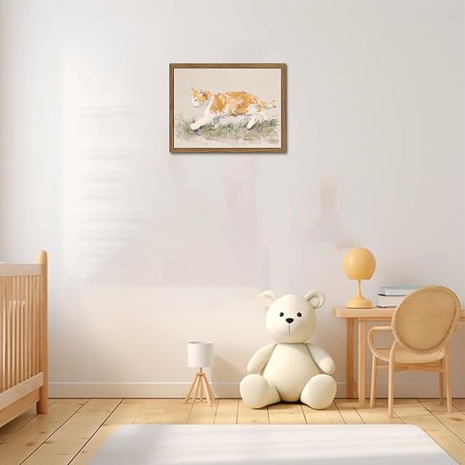 Framed Cat Wall Art, Vintage Orange Cat Canvas Wall Decor Picture, Minimalist Cute Animal Artwork Prints Oil Painting, for Living Room Bedroom Nursery Farmhouse Decor 16x24 Inch