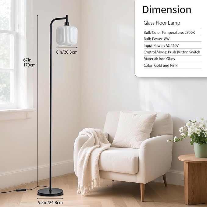 MAYNA Modern Industrial Floor Lamp, Frosted White Glass Standing Lamp with Built-in Timer Switch, Black Tall Minimalist Lamps for Living Room Bedroom, 2700K LED Bulb Included