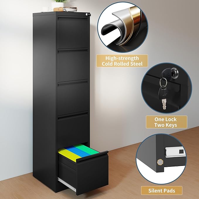 5 Drawer File Cabinet with Lock, Vertical Filing Cabinets for Home Office, Metal Storage Cabinets, Heavy Duty File Cabinet for Letter/Legal/A4/F4 Size Amsseble Required, Black