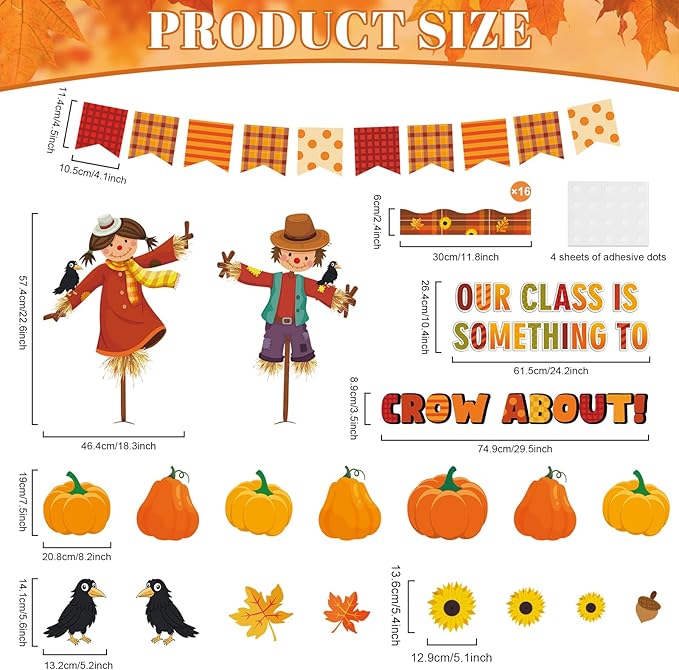 Fall Bulletin Board Decorations Set Scarecrow Crow Classroom Decor Pumpkin Maple Leaf Paper Cutouts for Thanksgiving Autumn Party Motivational September School Classroom Chalkboard Wall Supplies Favor