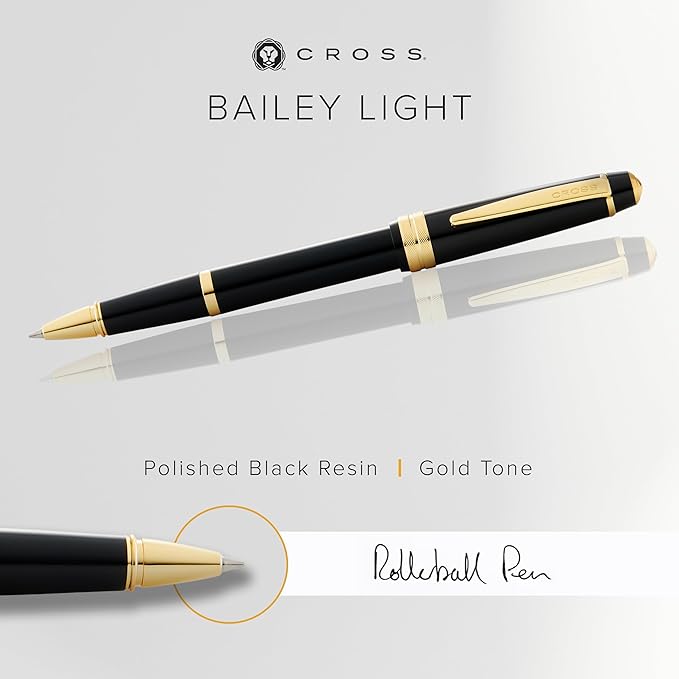 Cross Bailey Light Polished Black Resin and Gold Tone Rollerball Pen - Professional Pen for Effortless Writing - Journaling, Note-Taking & More - Black Ink - Easy Handling - Includes Gift Box